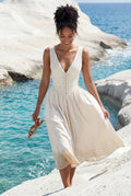 Cream Corset Bodice Sleeveless Midi Dress with Tie Front - Photo 13