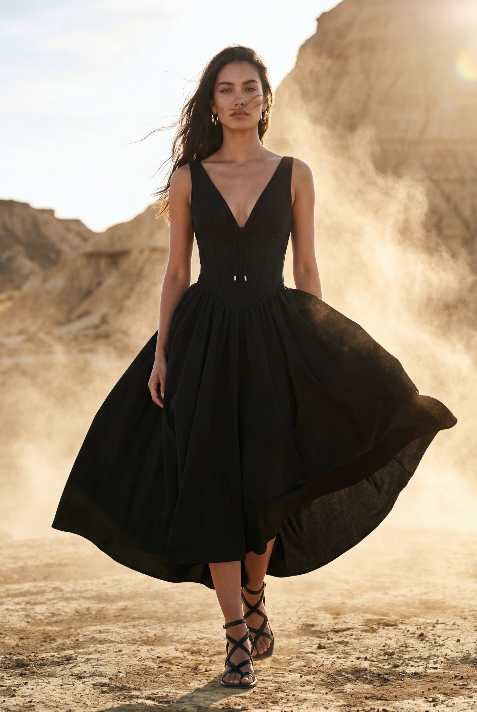 Black Corset Bodice Sleeveless Midi Dress with Tie Front - Photo 20