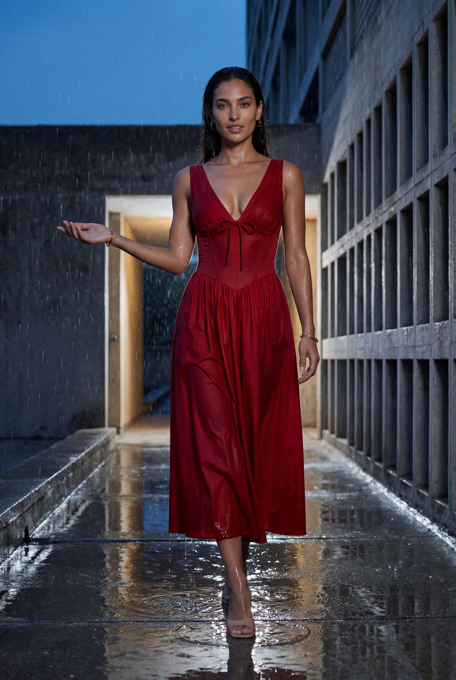 Red Corset Bodice Sleeveless Midi Dress with Tie Front - Photo 24