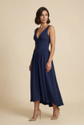 Navy Blue Corset Bodice Sleeveless Midi Dress with Tie Front - Photo 3
