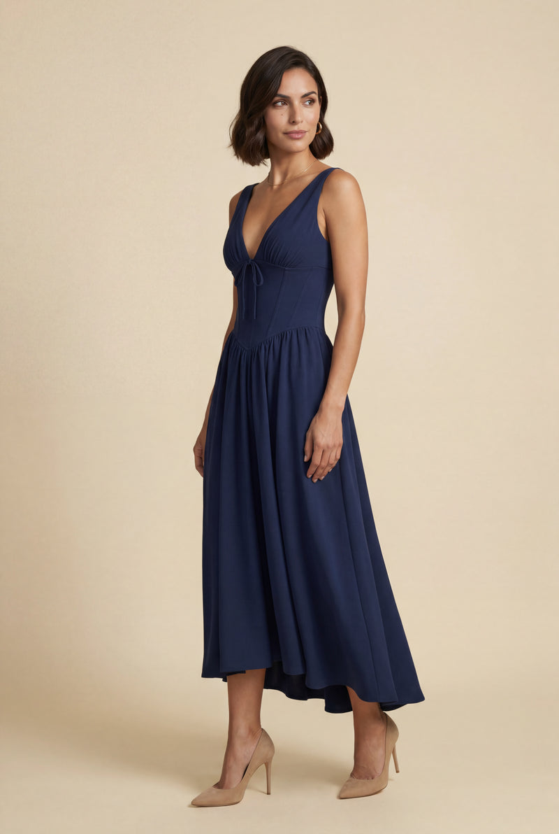 Navy Blue Corset Bodice Sleeveless Midi Dress with Tie Front - Photo 3