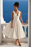 Cream Corset Bodice Sleeveless Midi Dress with Tie Front - Photo 4