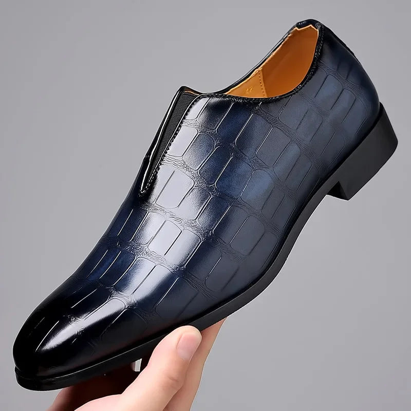Navy Blue Crocodile-embossed Slip-on Glossy Dress Shoes - Photo 8