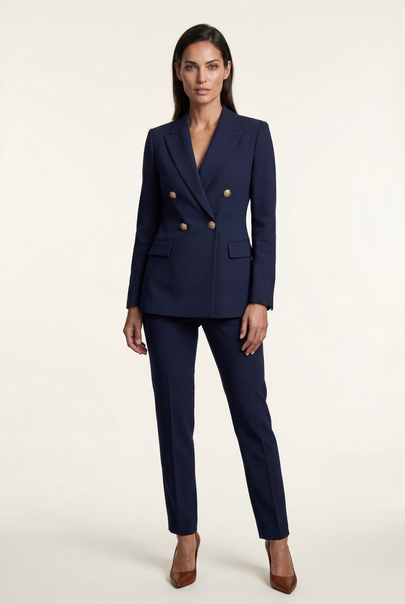 Navy Blue Double-breasted Blazer and Slim Trouser Suit Set - Photo 9