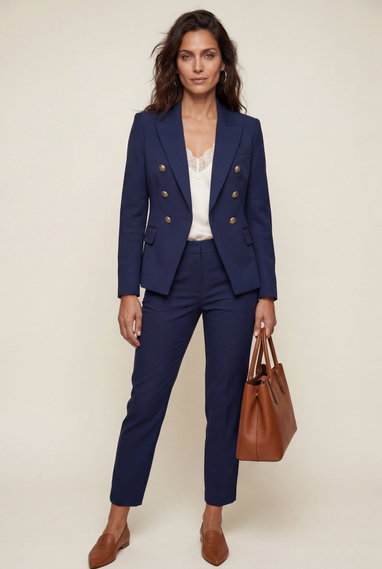 Navy Blue Double-breasted Fitted Jacket and Slim Trouser Suit Set - Photo 14