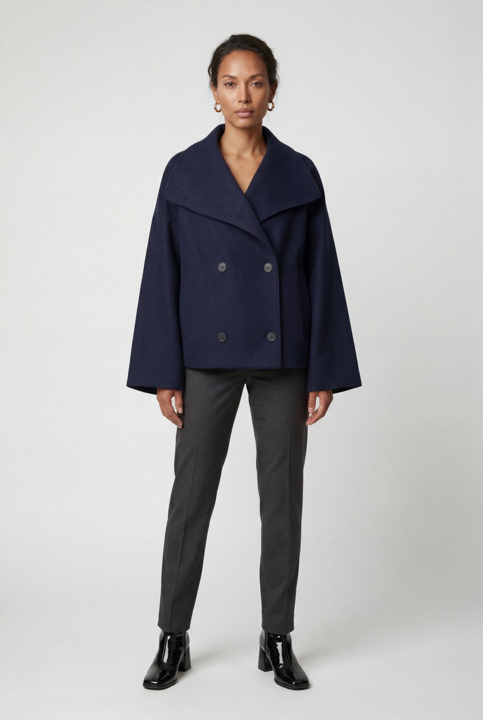 Navy Blue Double-breasted Hip-length Short Coat with Classic Collar - Short coats - Photo 5