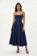 Navy Blue Floral Corset Bodice Midi Dress with Spaghetti Straps - Photo 5