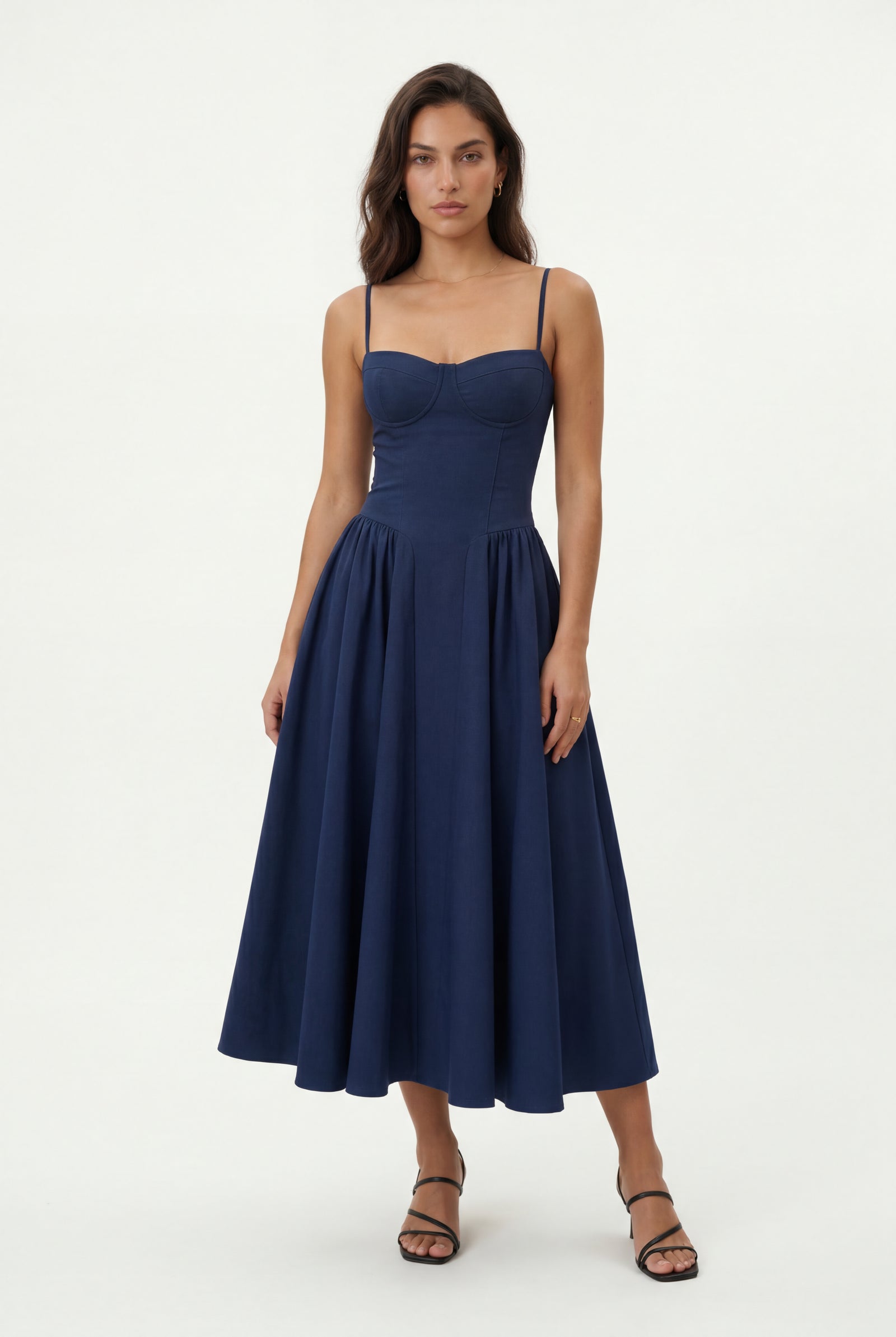 Navy Blue Floral Corset Bodice Midi Dress with Spaghetti Straps - Photo 5
