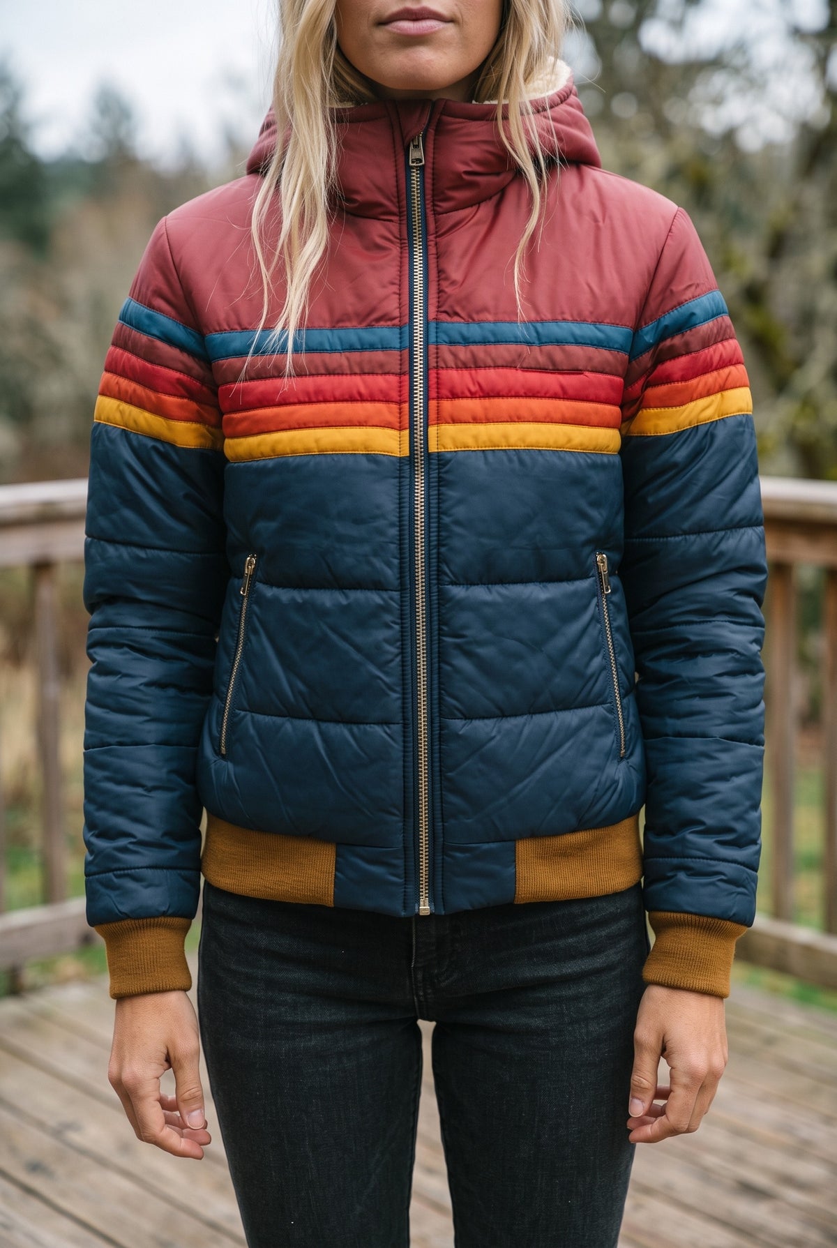 Hooded Color-Block Puffer Jacket in Navy Blue — Stilenza main image