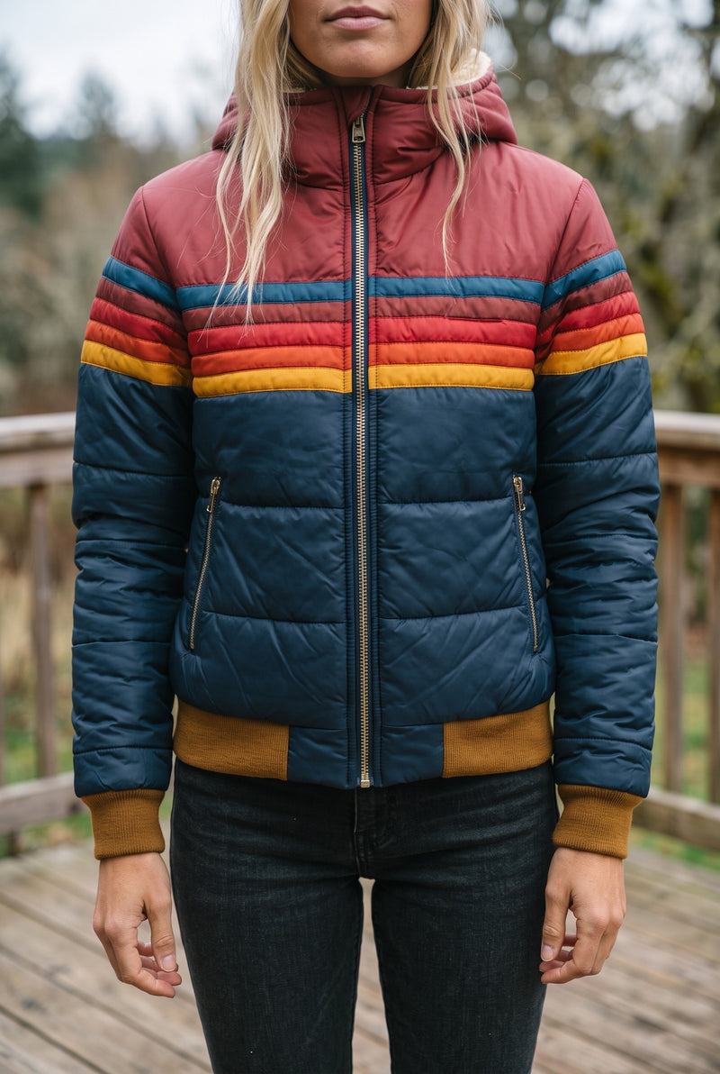 Hooded Color-Block Puffer Jacket in Navy Blue — Stilenza main image