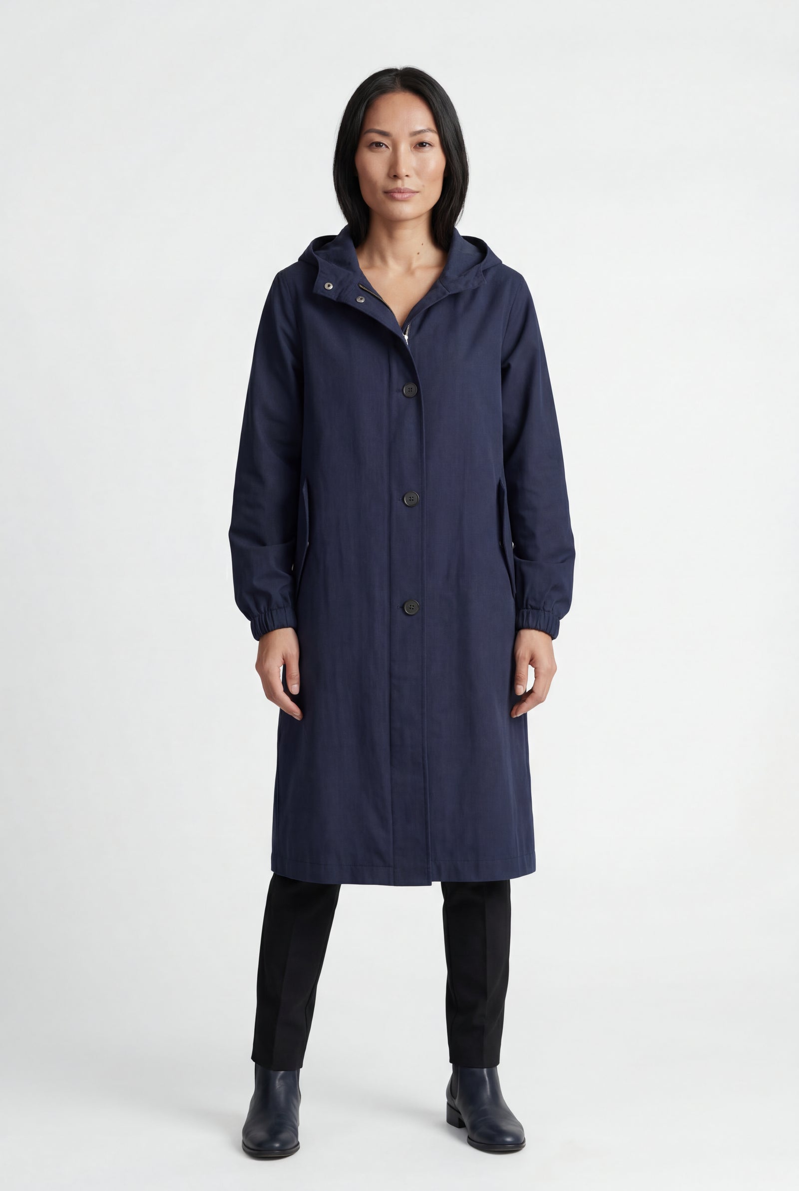 Navy Blue Hooded Snap Button Long Parka Coat with Adjustable Waist - Long coat - Photo 24