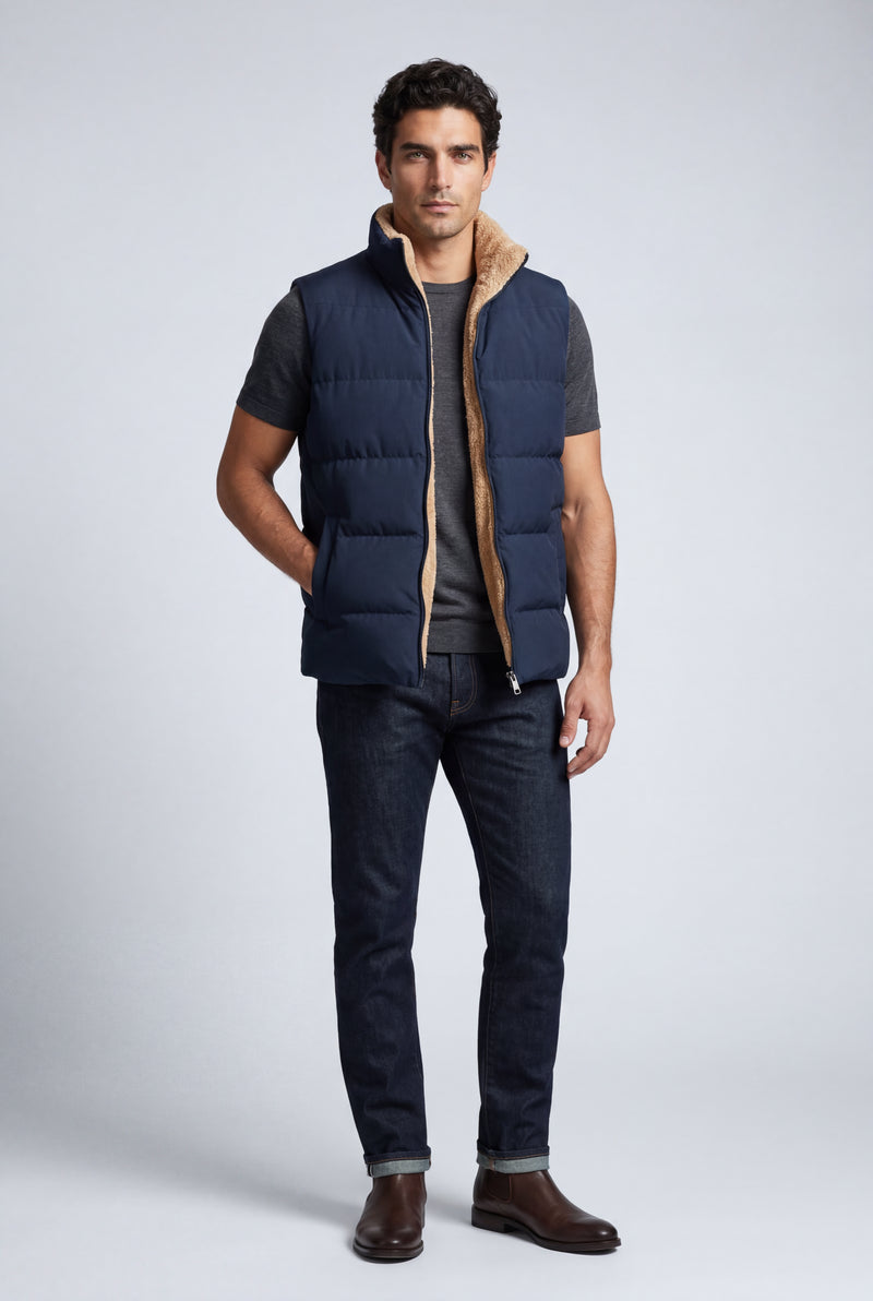 Navy Blue Lined Quilted Puffer Vest with Stand Collar - Photo 2