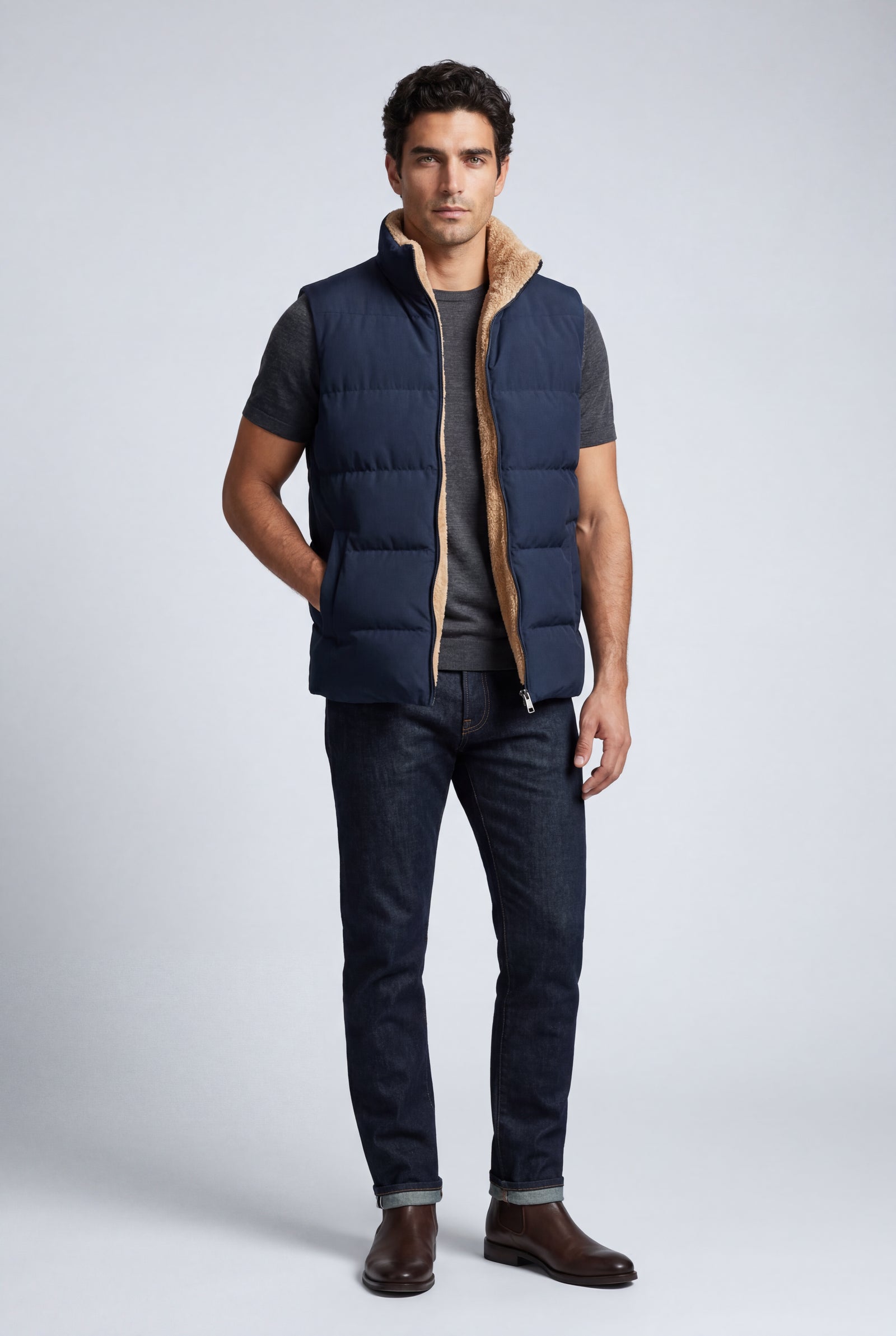 Navy Blue Lined Quilted Puffer Vest with Stand Collar - Photo 2