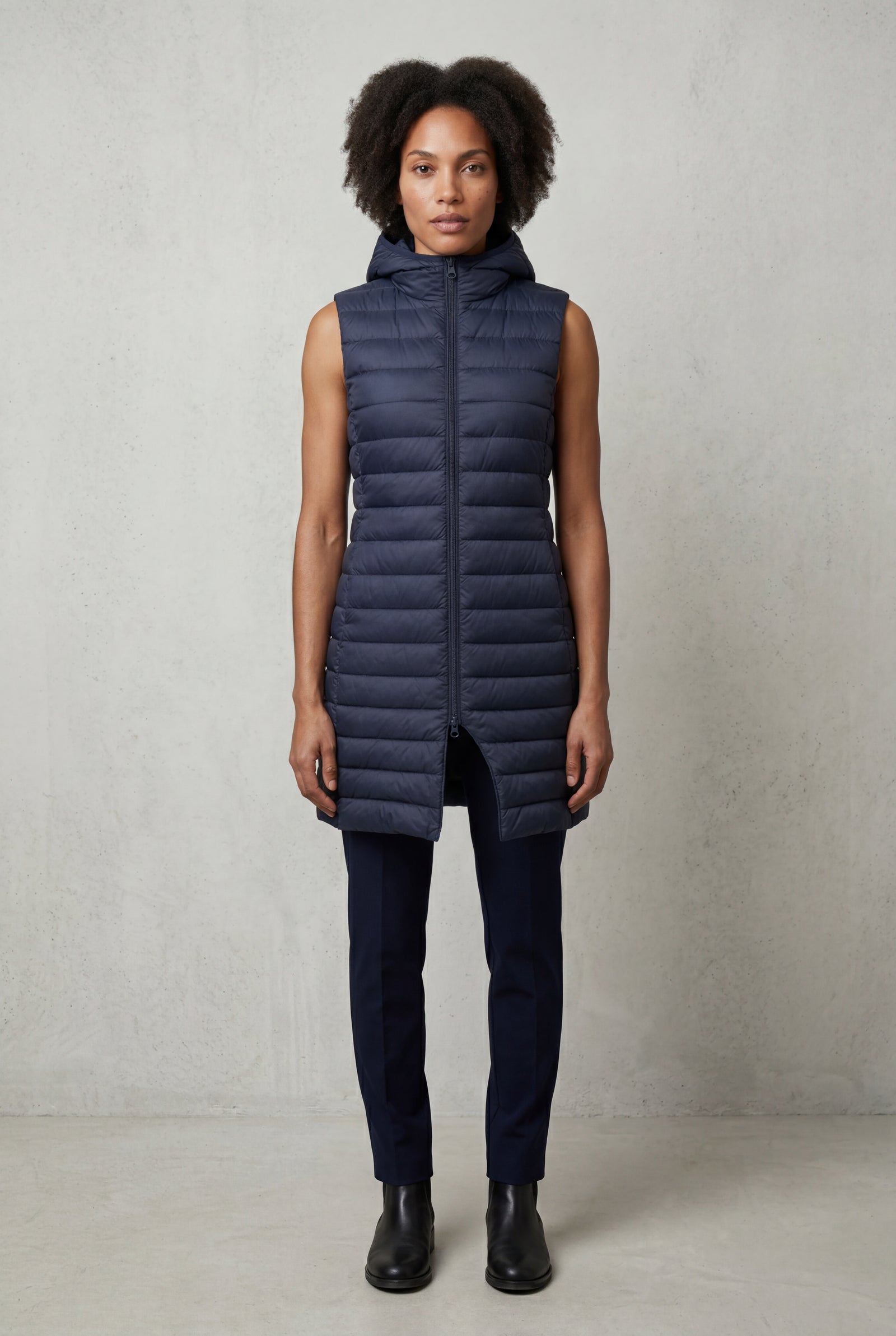 Navy Blue Longline Quilted Hooded Bodywarmer Vest with Full Zip - Bodywarmer vests - Photo 2
