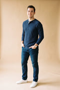 Men's Henley Shirt Long Sleeve Button Placket in Navy Blue — studio front