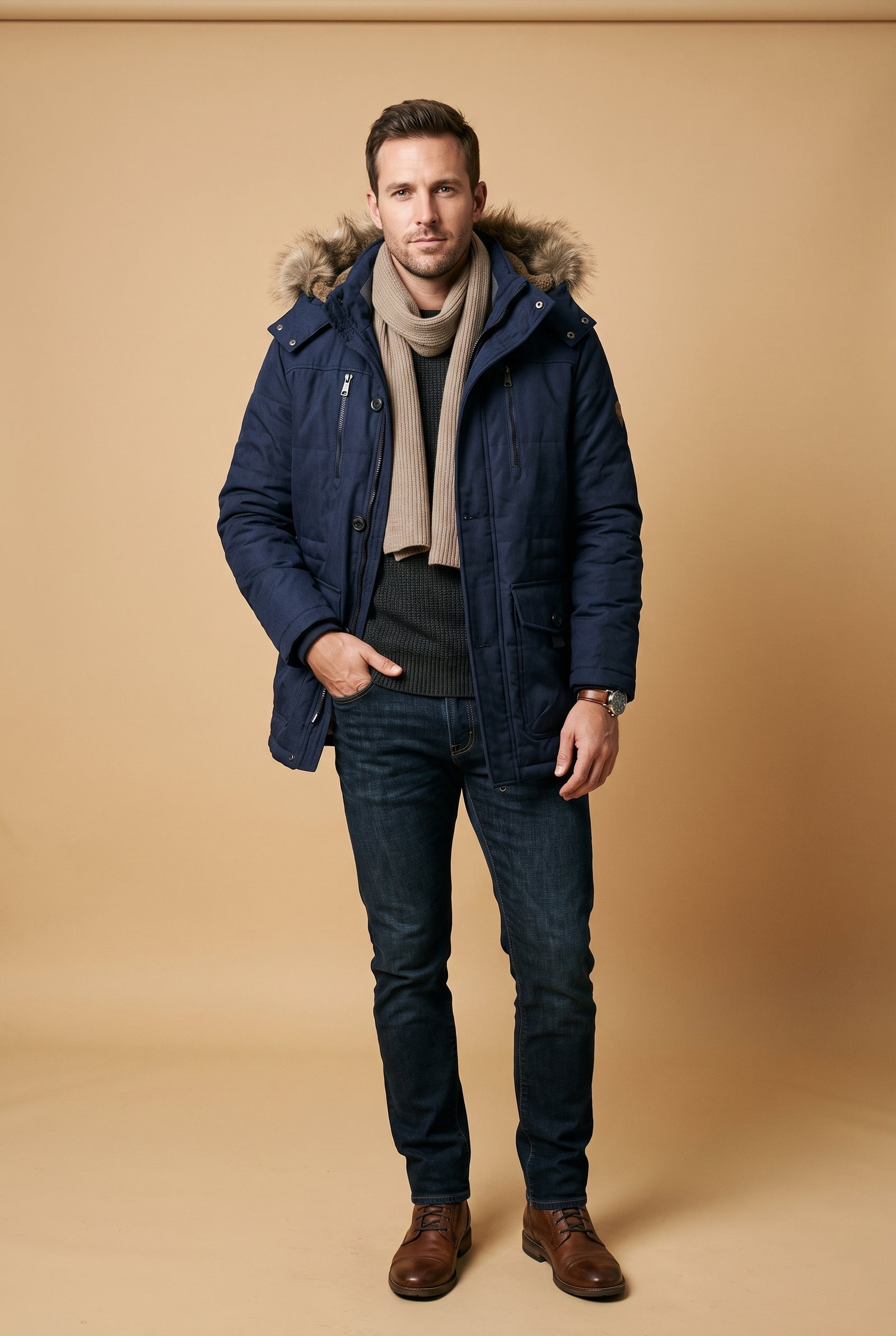 Men's Parka Hooded Winter in Navy Blue — primary studio