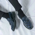 Navy Blue Men's Checked Patent Tassel Loafers with Chunky Lug Sole - Photo 3