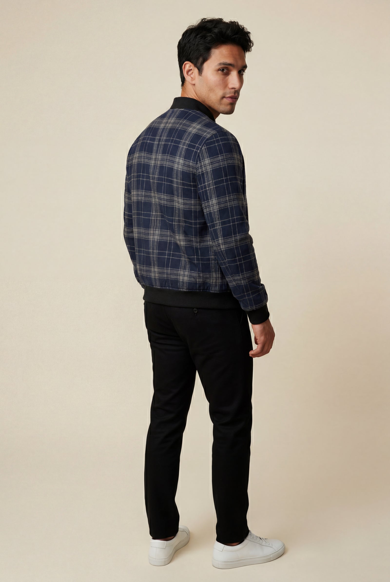 Navy Blue Men's Checked Plaid Classic Bomber Jacket with Ribbed Collar - Photo 3