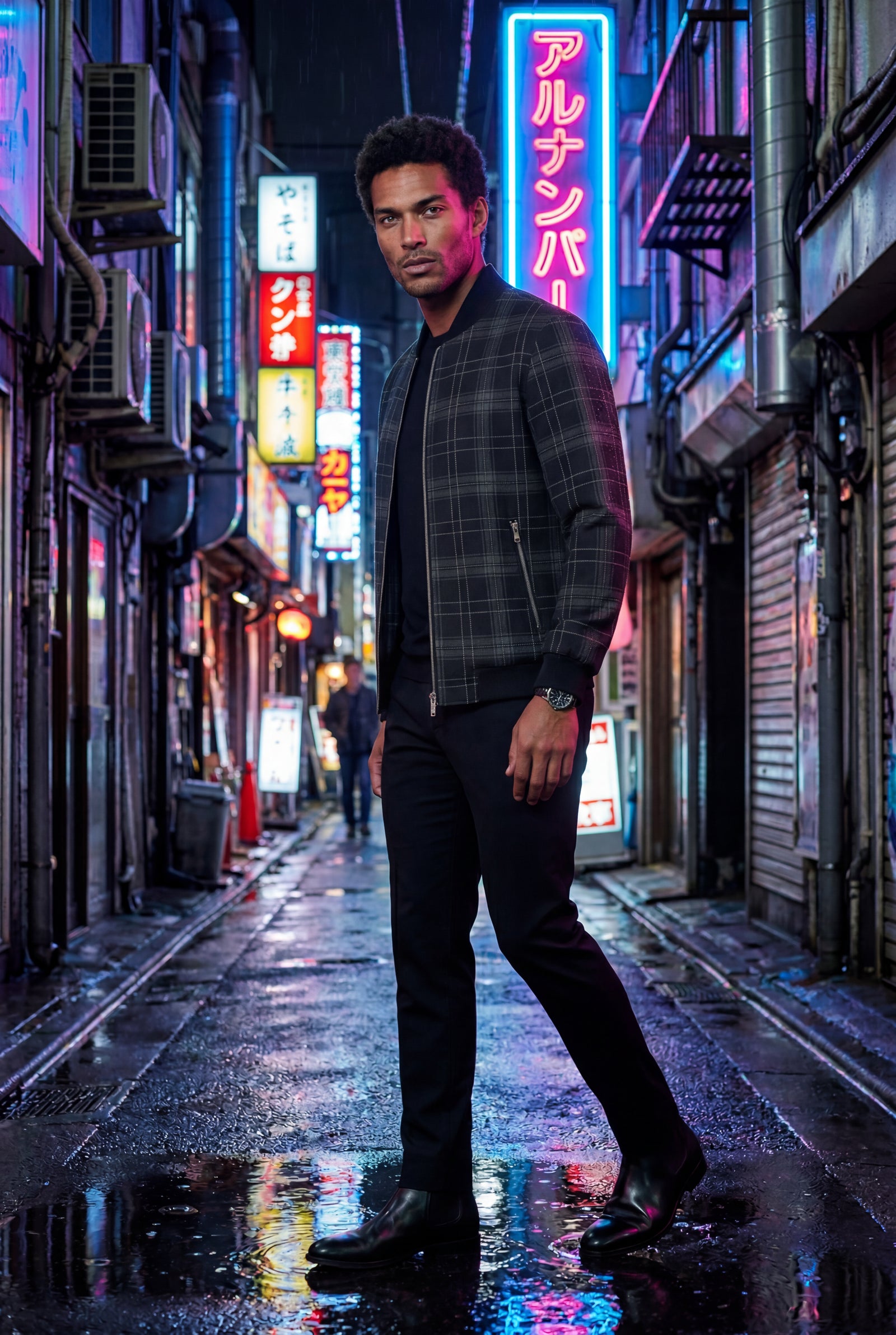 Black Men's Checked Plaid Classic Bomber Jacket with Ribbed Collar - Photo 4