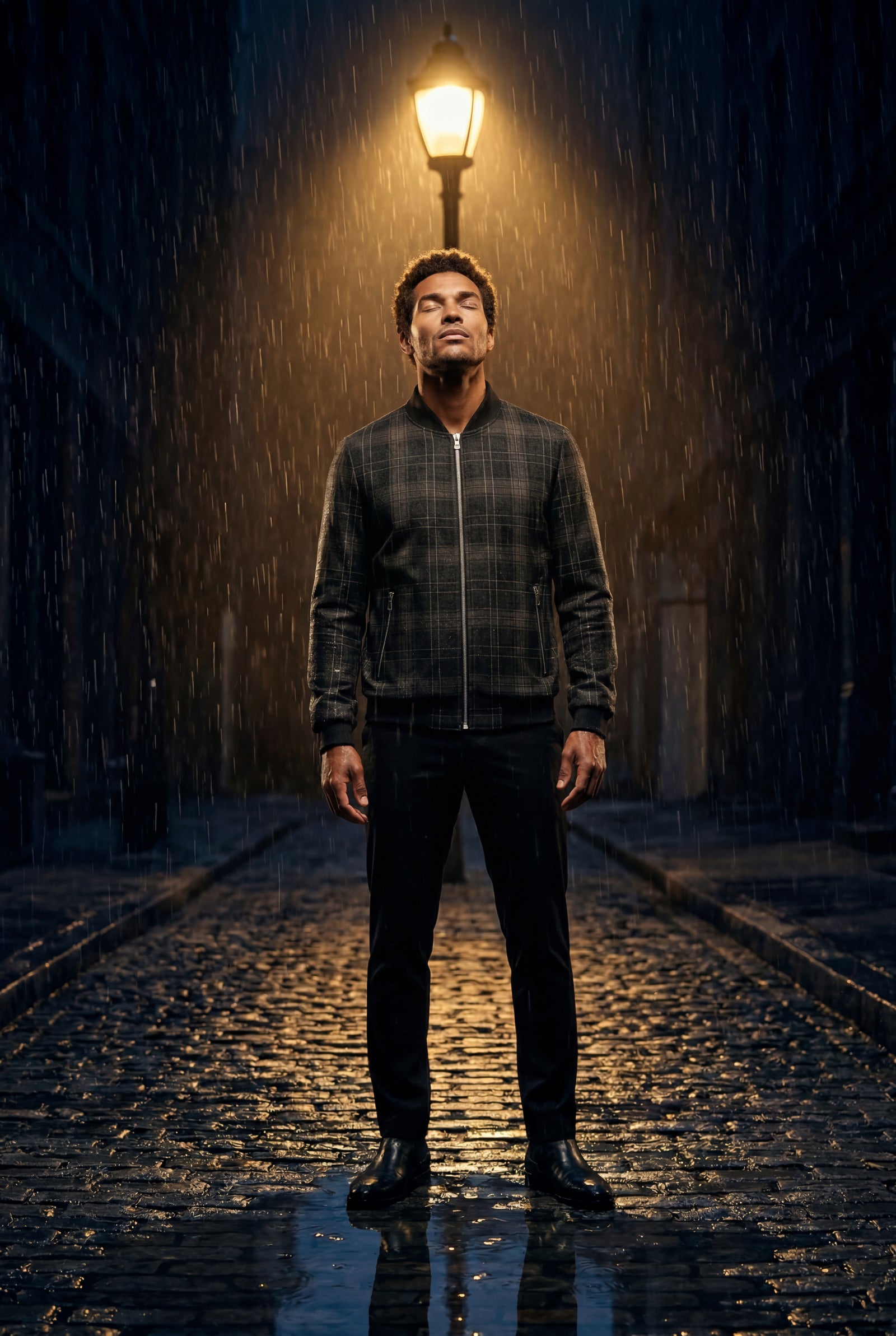 Black Men's Checked Plaid Classic Bomber Jacket with Ribbed Collar - Photo 5