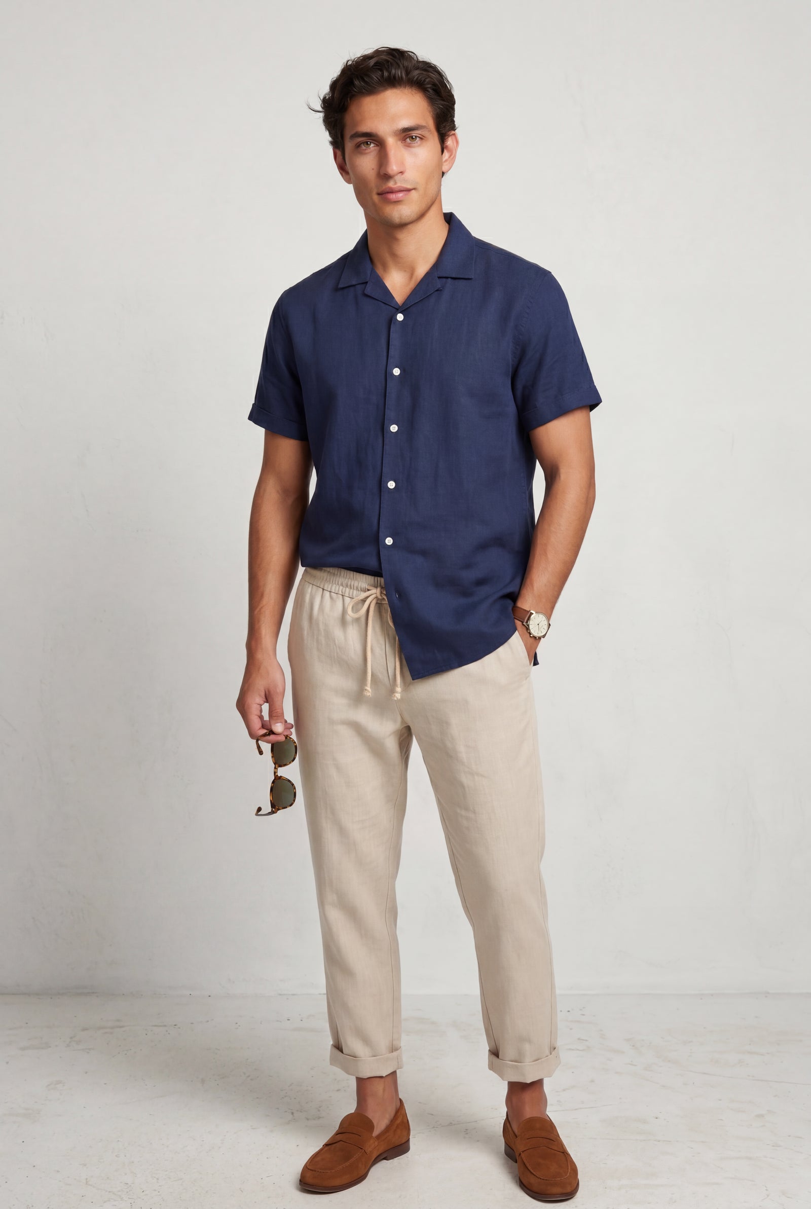Navy Blue Men's Relaxed Short Sleeve Shirt and Drawstring Trouser Set - Casual set - Photo 9