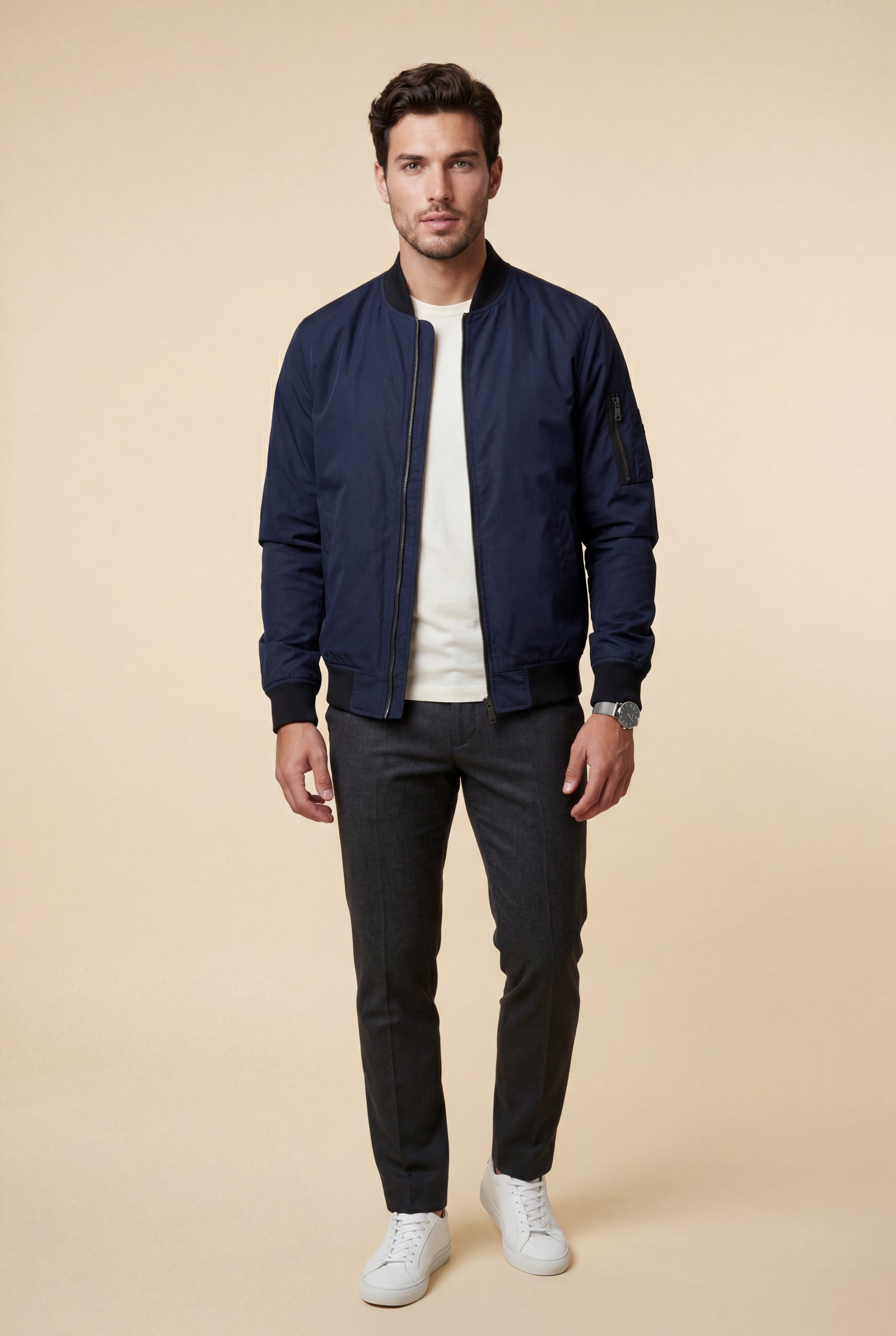 Navy Blue Men's Slim-Fit Minimalist Classic Bomber Jacket - Photo 3
