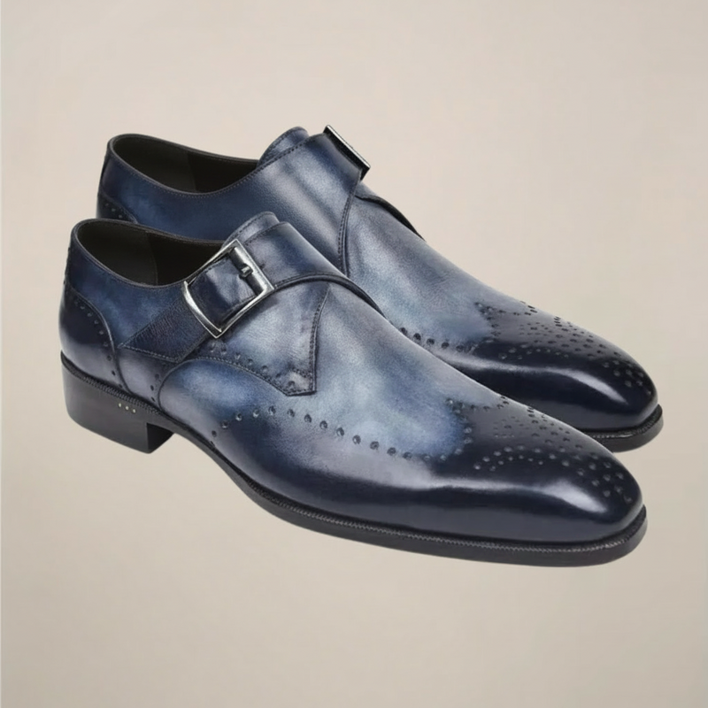 Navy Blue Monk Strap Brogue Dress Shoes with Wingtip Detailing - Monk strap dress shoes - Photo 3
