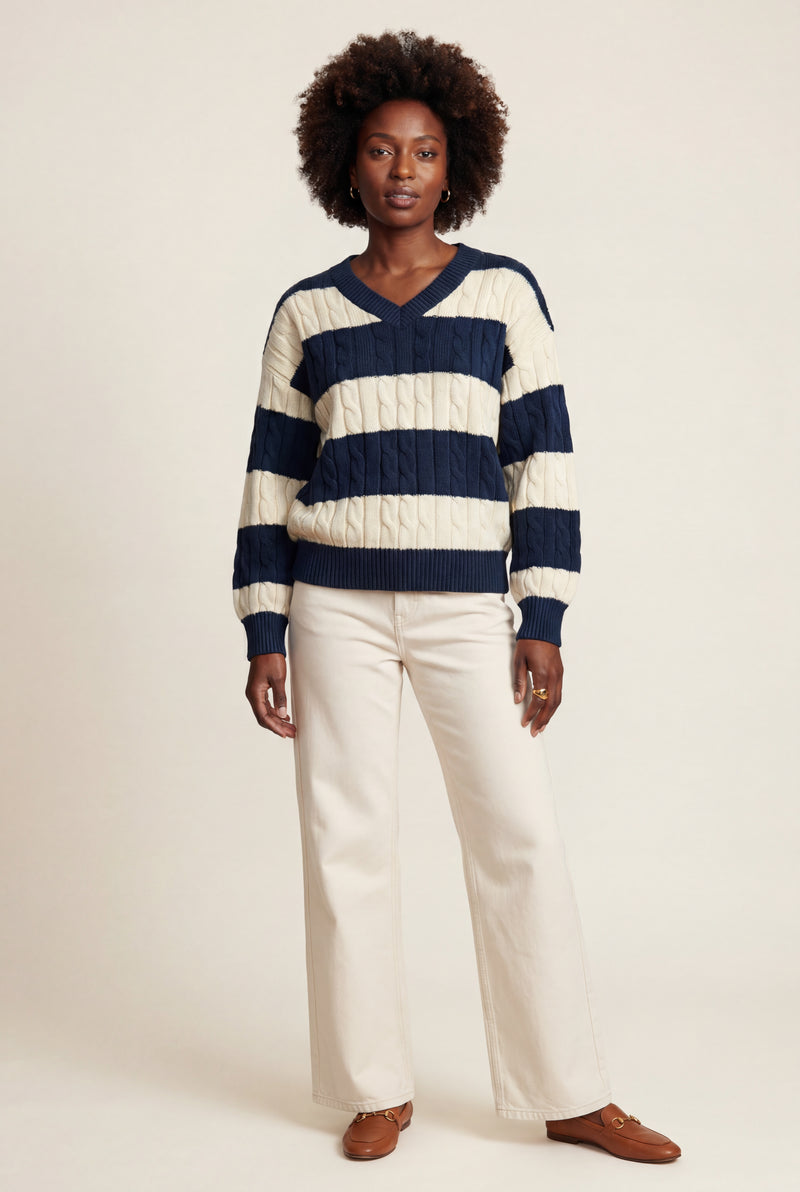 Navy Blue Navy Blue Striped Oversized Cable V-neck Sweater - Oversized sweater - Photo 1