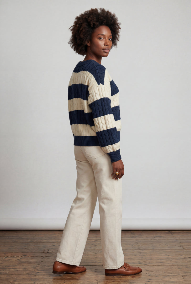 Navy Blue Navy Blue Striped Oversized Cable V-neck Sweater - Oversized sweater - Photo 2