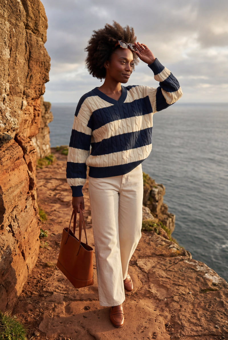 Navy Blue Navy Blue Striped Oversized Cable V-neck Sweater - Oversized sweater - Photo 4