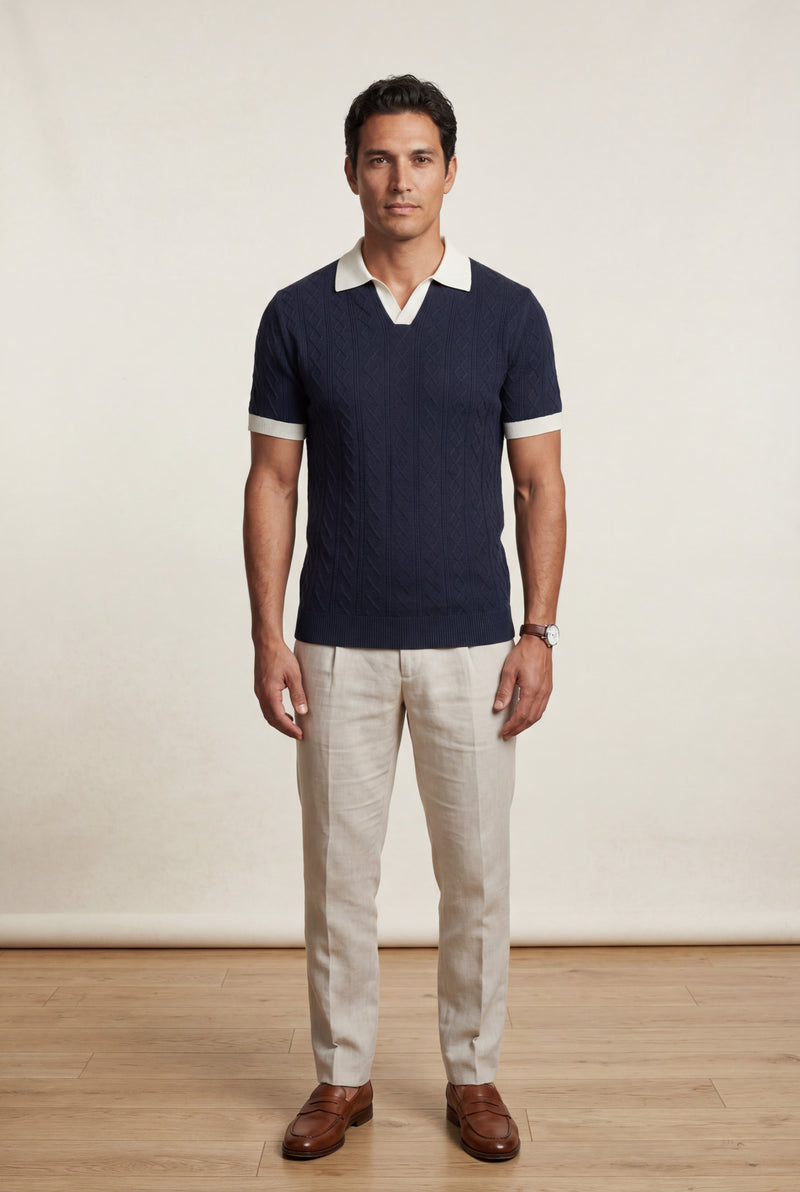 Navy Blue Navy Cable- Contrast Collar Short Sleeve Polo Shirt - Polo shirts - Photo 1