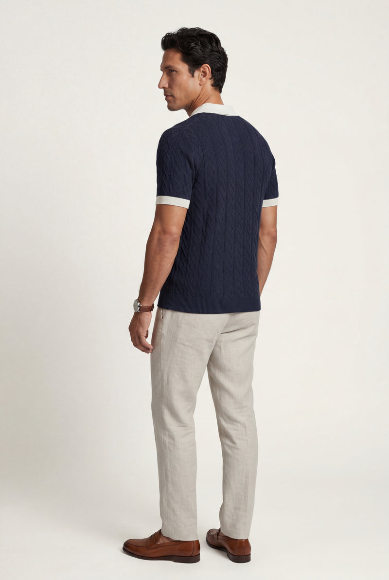 Navy Blue Navy Cable- Contrast Collar Short Sleeve Polo Shirt - Polo shirts - Photo 2