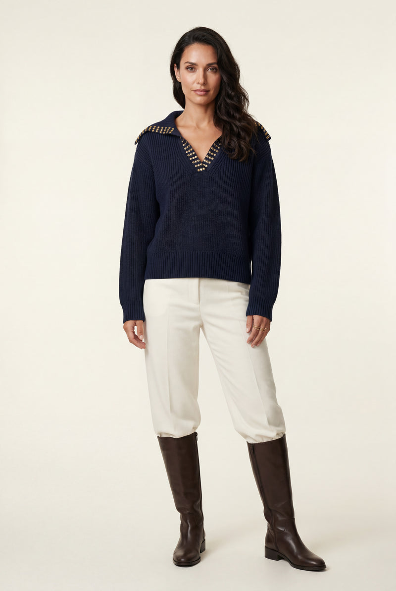Navy Blue Navy Studded V-neck Chunky Sweater with Gold Accents - V-neck sweater - Photo 1