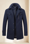 Overcoat with Knit Collar in Navy Blue — studio front