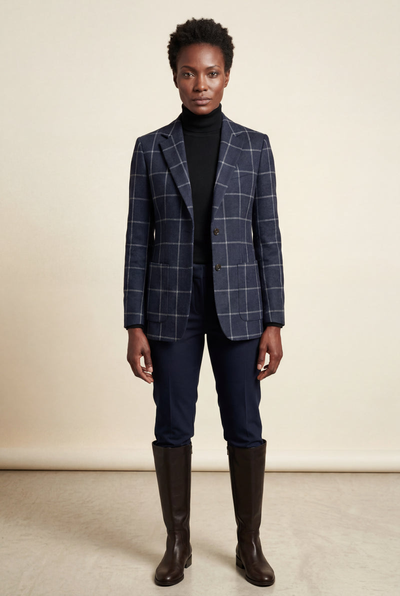 Navy Blue Plaid Tailored Single-breasted Blazer with Notched Lapel - Plaid blazer - Photo 2