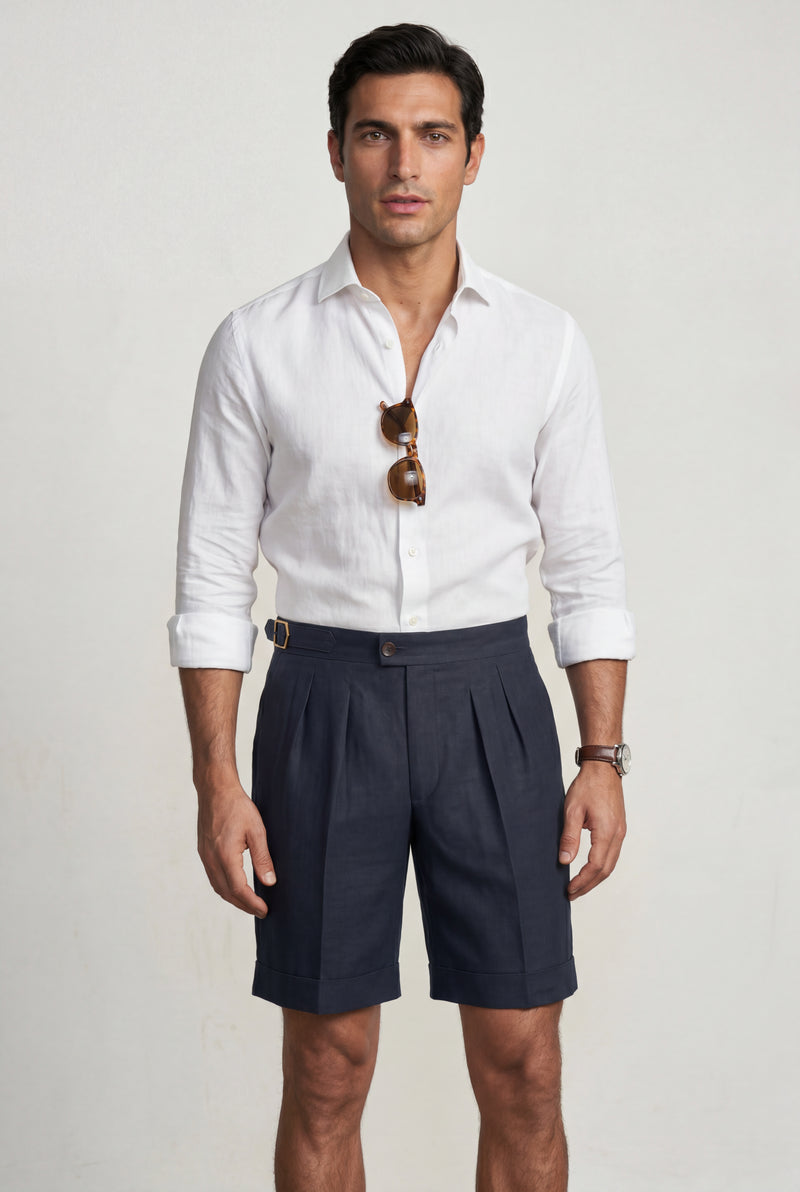 Navy Blue Pleated Tailored Bermuda Shorts with Side Adjusters - Casual shorts - Photo 2