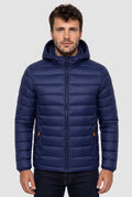 Polyester Hooded Puffer Jacket in Navy Blue — studio front