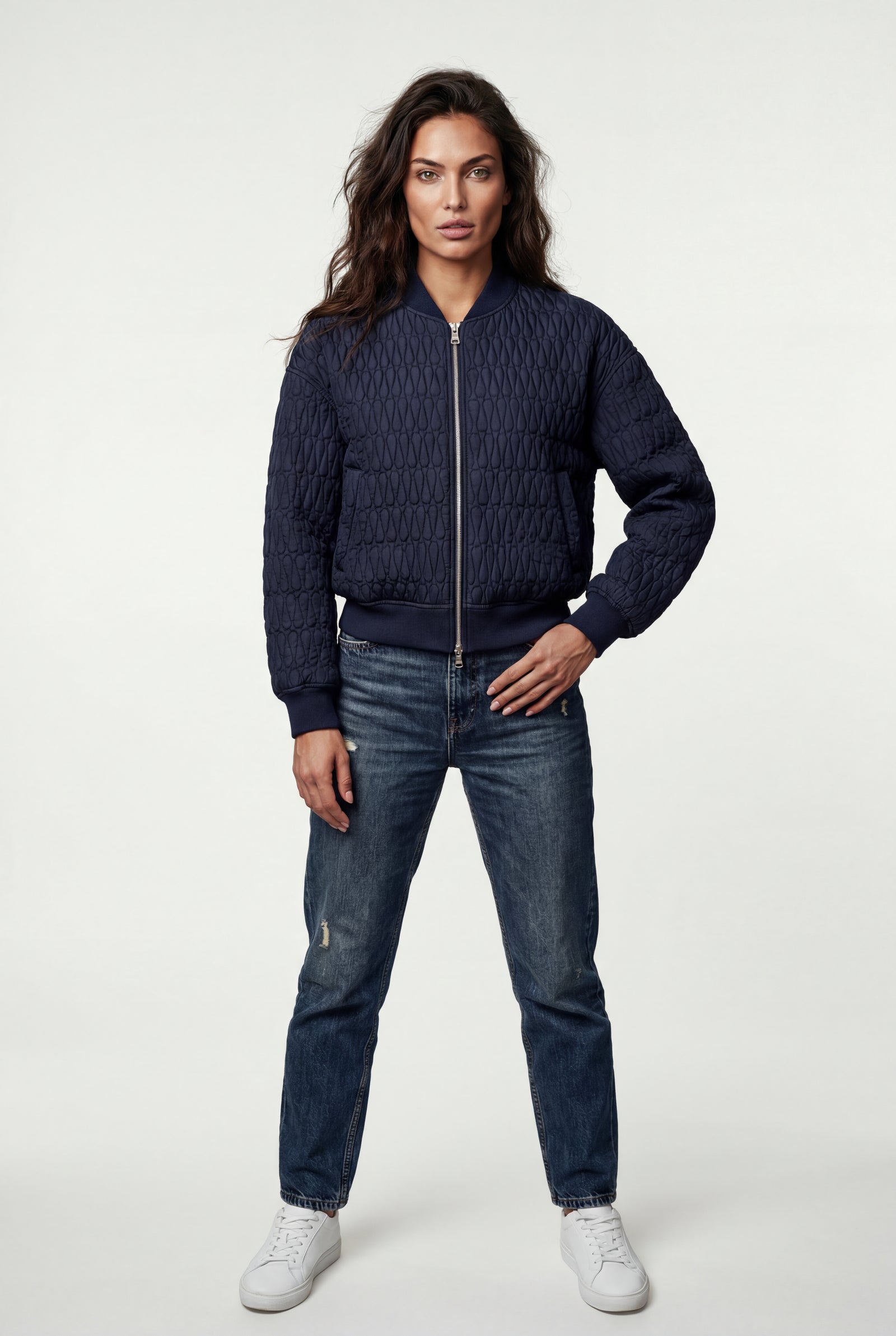 Navy Blue Quilted Bomber Jacket with Ribbed Trim - Photo 7
