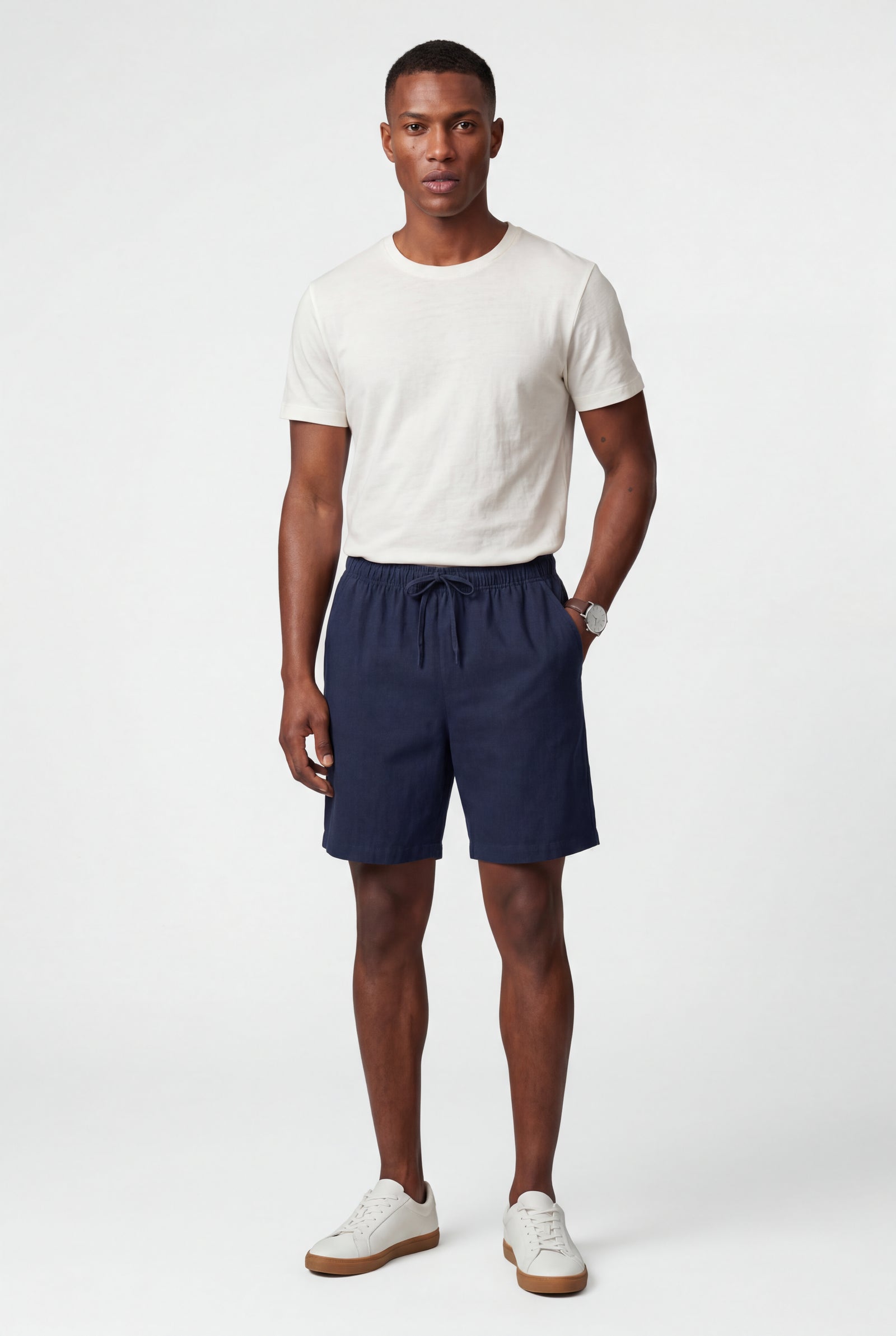Navy Blue Relaxed Drawstring Above-knee Casual Shorts - Photo 2