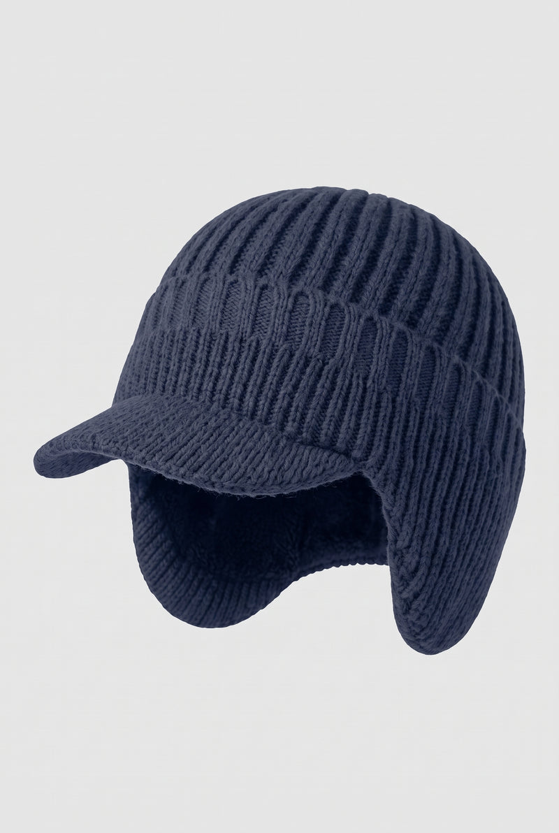Rib Knit Earflap Beanie in Navy Blue — studio front