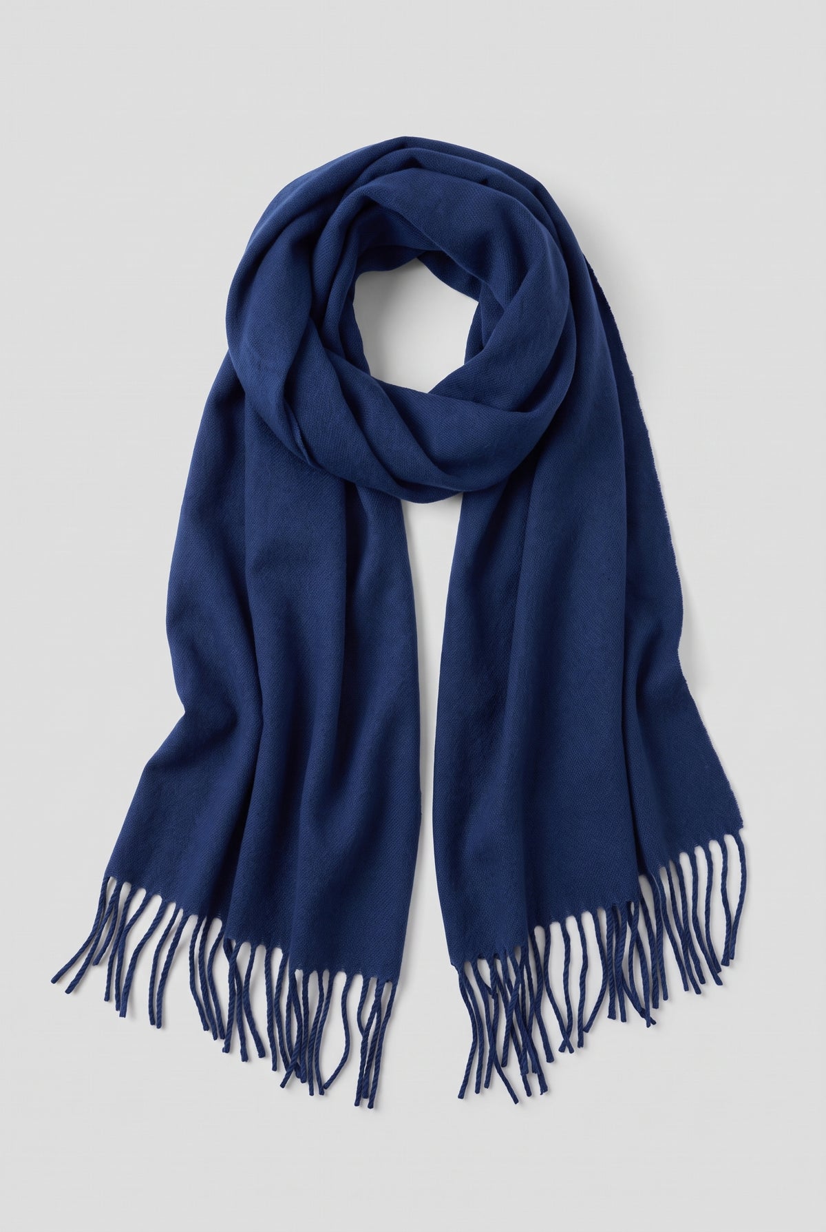 Scarf Tassel Wrap in Navy Blue — studio front
