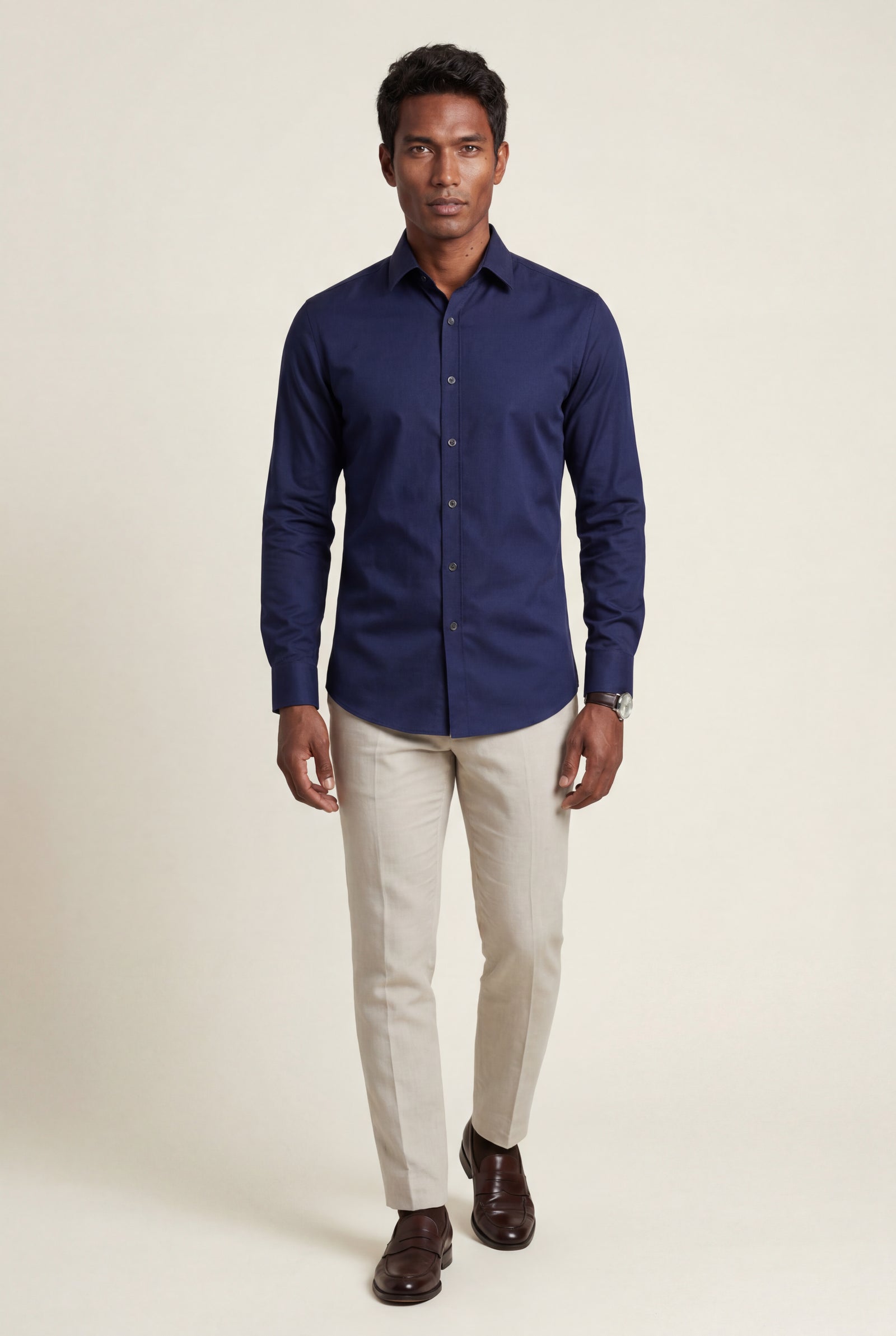 Navy Blue Slim Fit Classic Collar Button-up Shirt - Casual Shirts - Photo 1