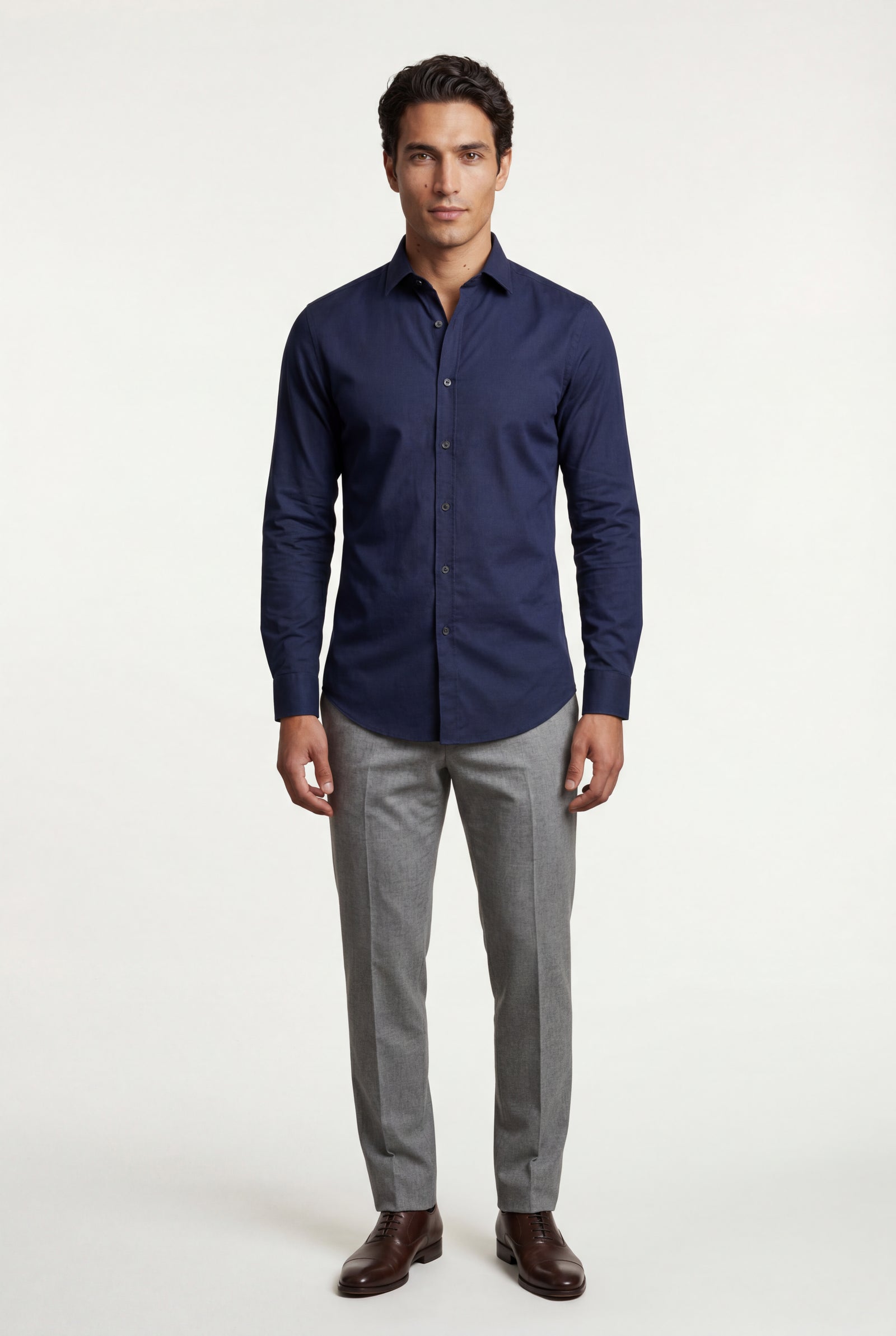 Navy Blue Slim Fit Long Sleeve Dress Shirt with Spread Collar - Dress Shirts - Photo 1