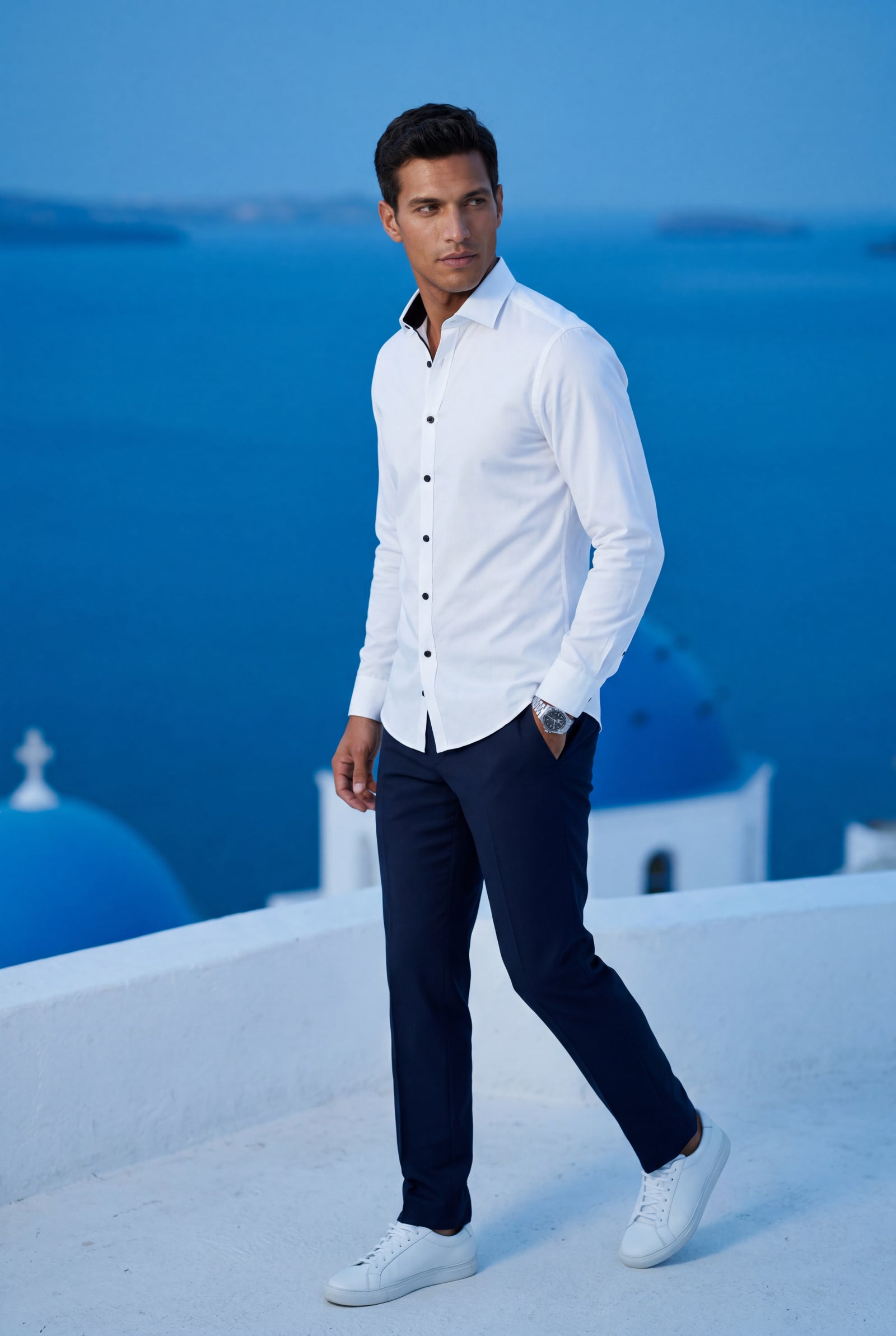 White Slim Fit Long Sleeve Dress Shirt with Spread Collar - Dress Shirts - Photo 5