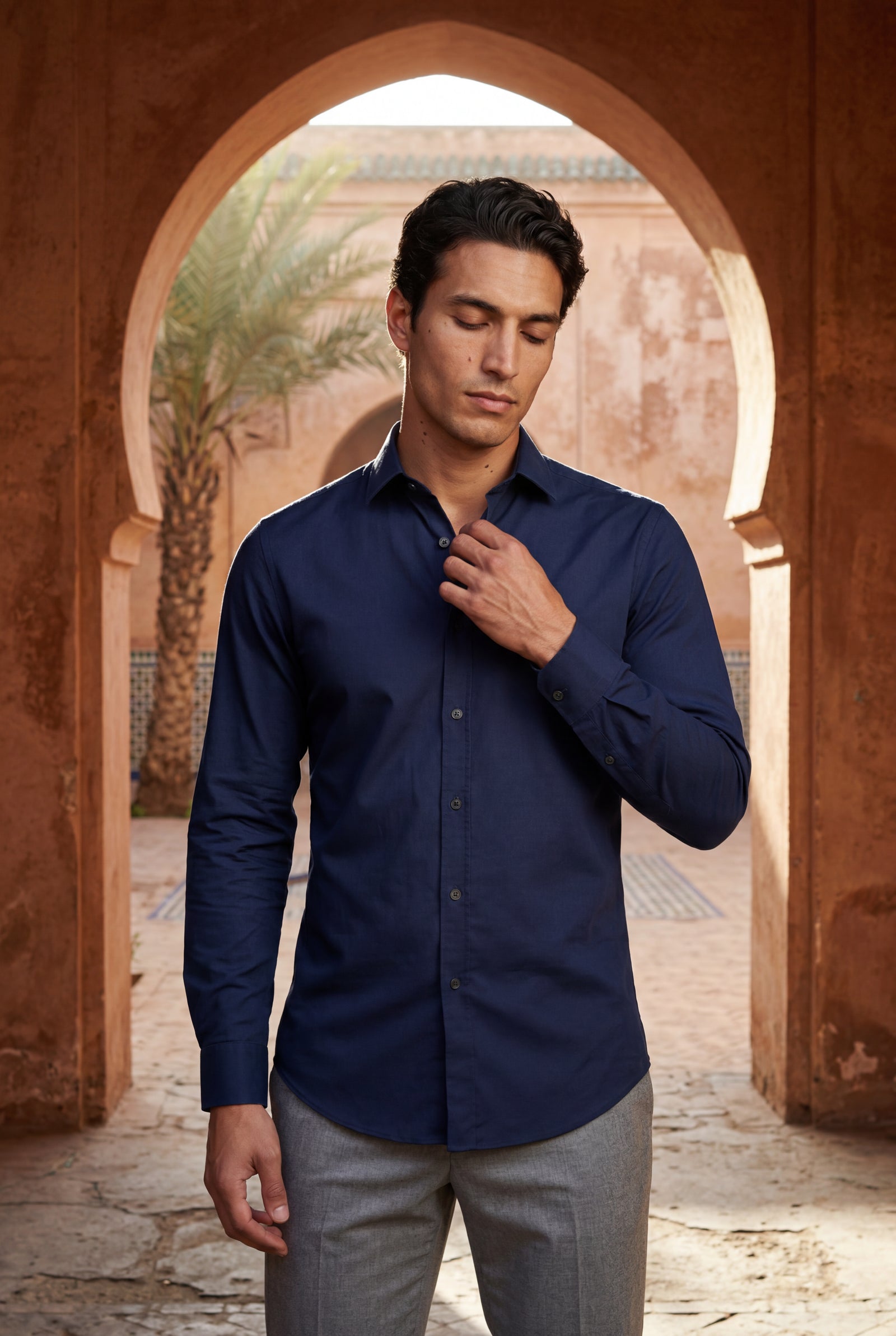 Navy Blue Slim Fit Long Sleeve Dress Shirt with Spread Collar - Dress Shirts - Photo 9