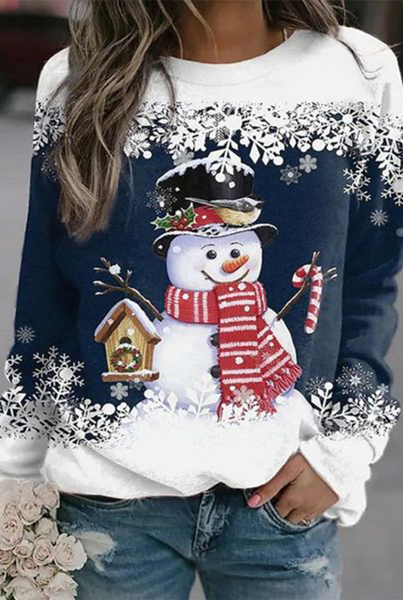 Snowman Graphic Sweater in Navy Blue — front view