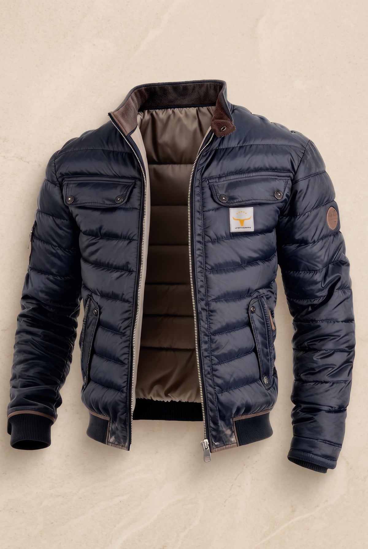 Stand Collar Puffer Jacket in Navy Blue — Stilenza main image