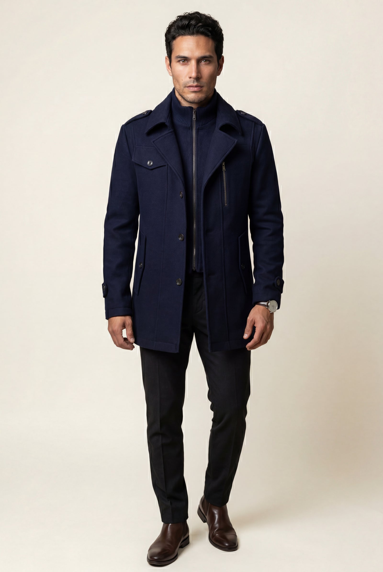 Navy Blue Stand Collar Slim Fit Winter Coat with Button Tab - Slim fit winter coats - Photo 16