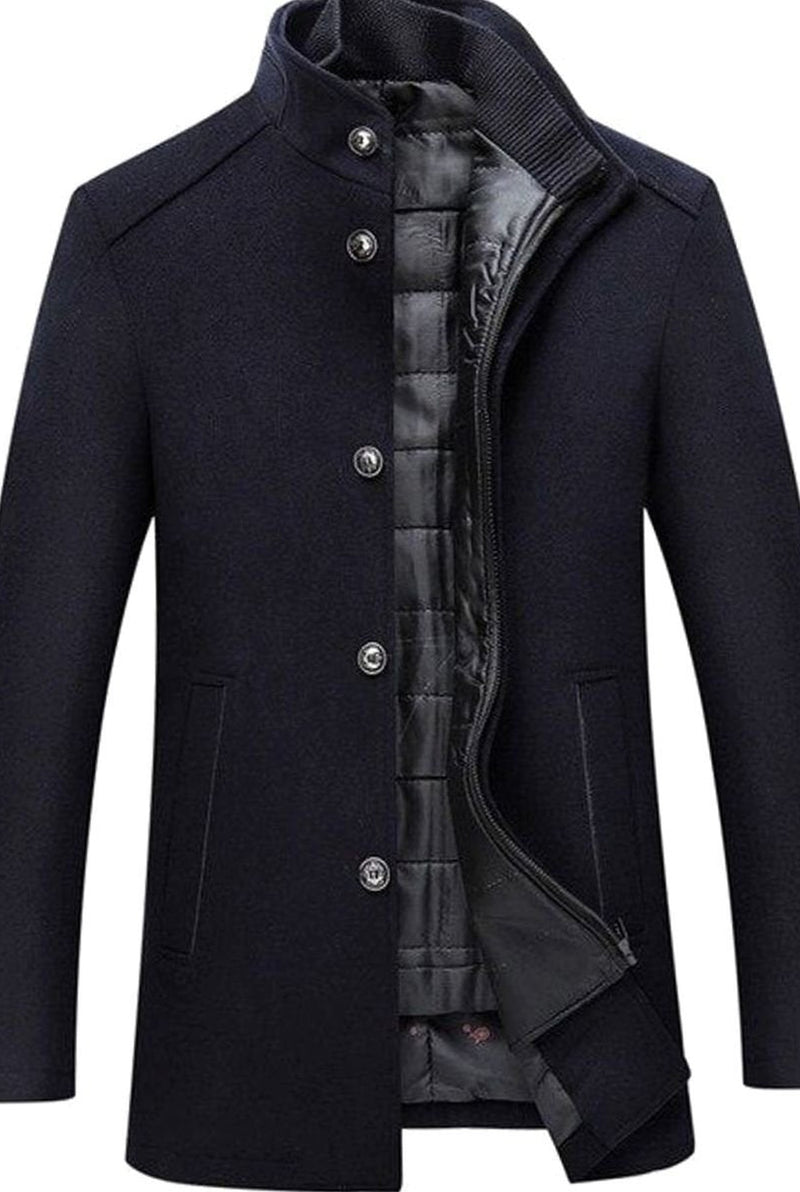 Stand-Collar Wool-Blend Overcoat in Navy Blue — front view