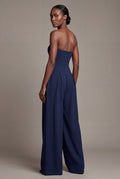 Navy Blue Strapless Wide-leg Tailored Jumpsuit with Pleated Waist - Wide leg jumpsuit - Photo 2